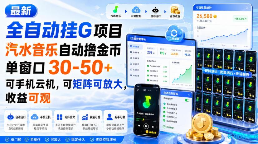 最新全自动挂G项目，汽水音乐自动撸金币单窗口30-50+，可手机云机，可矩阵可放大，收益可观-云创项目库