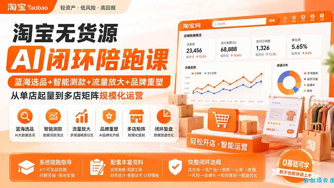 淘宝无货源AI闭环陪跑课：蓝海选品+智能测款+流量放大+品牌重塑，从单店起量到多店矩阵规模化运营-云创项目库