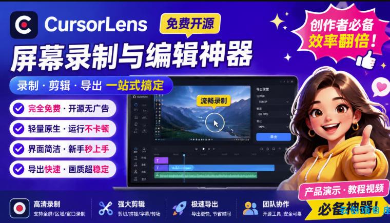 CursorLens免费开源录屏工具，支持自动缩放，教程视频录制必备神器-云创项目库
