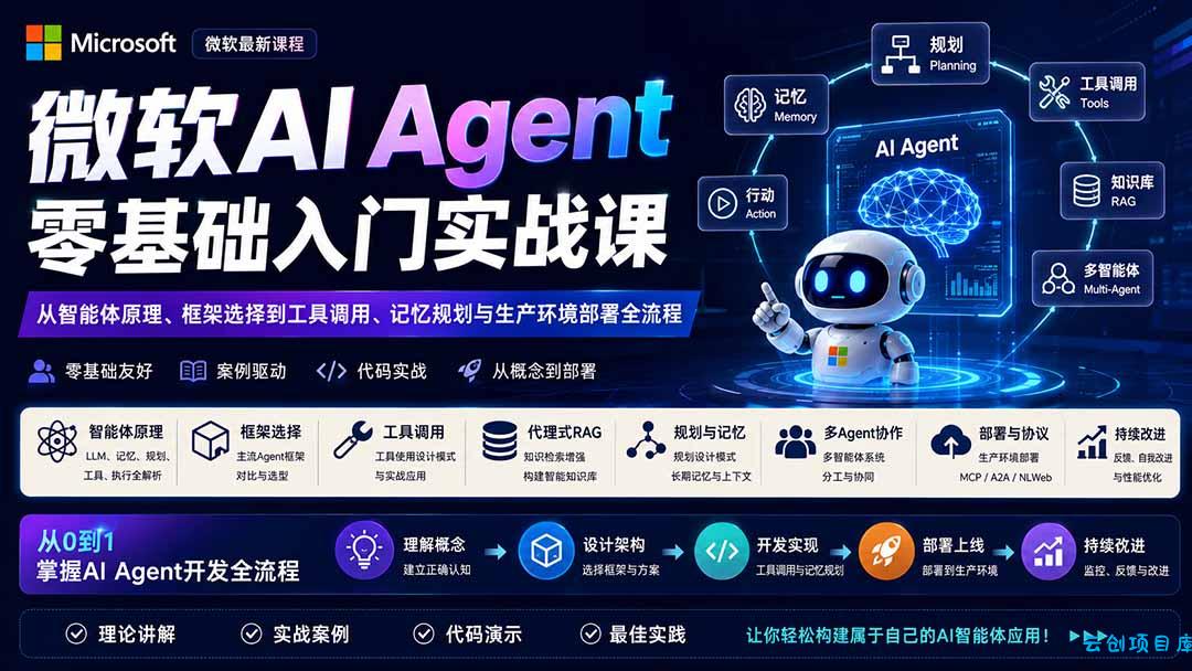 微软AI Agent零基础入门实战课：从智能体原理、框架选择到工具调用、记忆规划与生产环境部署全流程-云创项目库