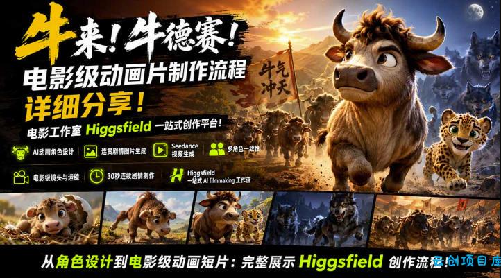 牛来！牛德赛！电影级动画片制作流程详细分享！电影工作室Higgsfield一站式创作平台，完整创作流程-云创项目库
