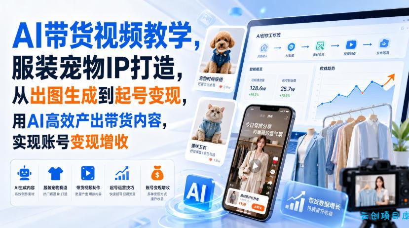 AI带货视频教学,服装宠物IP打造,从出图生成到起号变现,用AI高效产出带货内容,实现账号变现增收-云创项目库