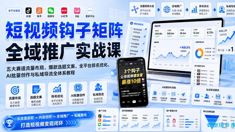 短视频钩子矩阵全域推广实战课|五大赛道流量布局、爆款选题文案、全平台排名优化、AI批量创作与私域导流全体系教程-云创项目库