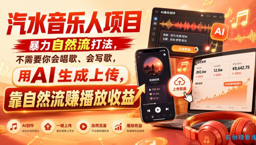 汽水音乐人项目,暴力自然流打法,不需要你会唱歌、会写歌,用AI生成上传,靠自然流賺播放收益-云创项目库