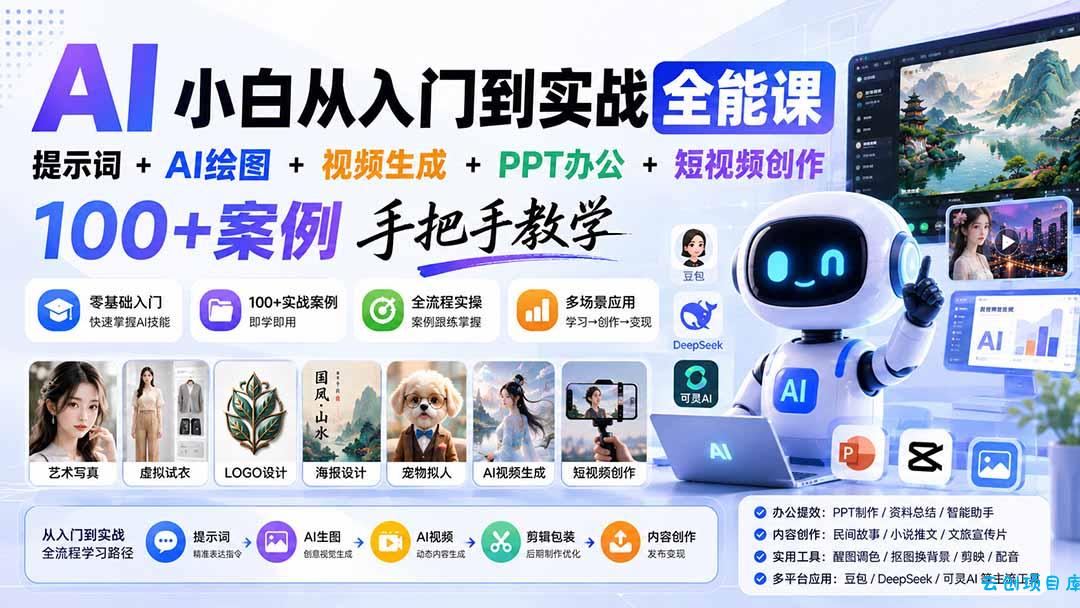 AI小白从入门到实战全能课：提示词+AI绘图+视频生成+PPT办公+短视频创作，100+案例手把手教学-云创项目库