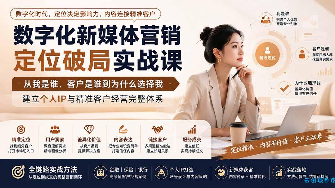 数字化新媒体营销定位破局实战课：从我是谁、客户是谁到为什么选择我，建立个人IP与精准客户经营完整体系-云创项目库