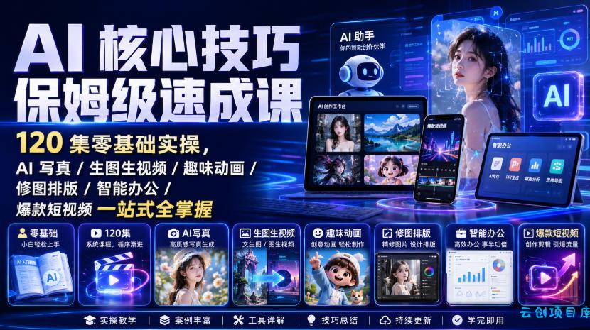 AI核心技巧保姆级速成课｜120集零基础实操，AI写真/生图生视频/趣味动画/修图排版/智能办公/爆款短视频一站式全掌握(更新)-云创项目库