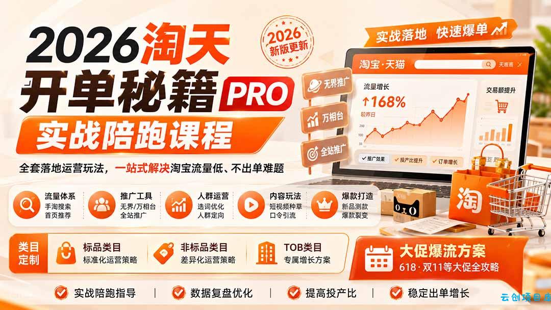 2026淘天开单秘籍PRO实战陪跑课程:全套落地运营玩法,一站式解决淘宝流量低、不出单难题(更新260823-云创项目库