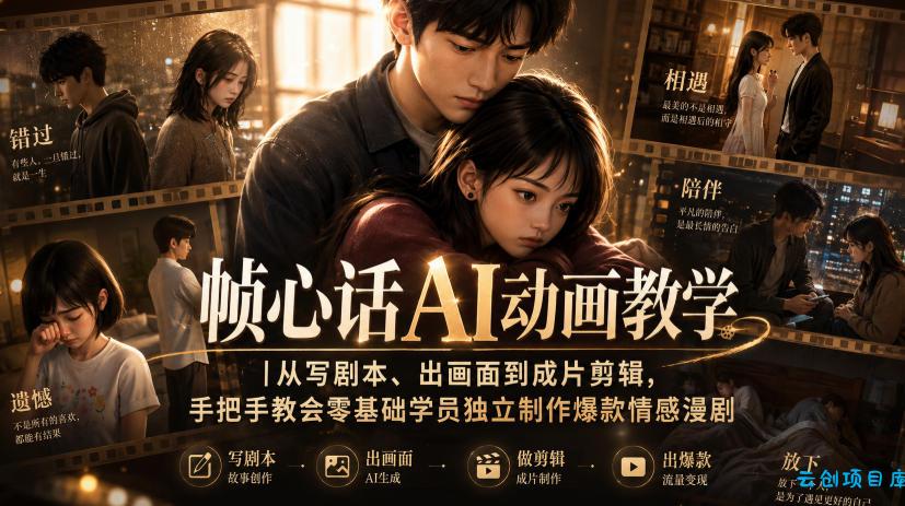 帧心话AI动画教学|从写剧本、出画面到成片剪辑,手把手教会零基础学员独立制作爆款情感漫剧-云创项目库