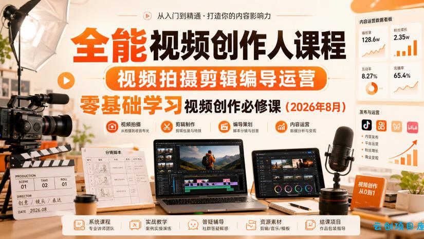 全能视频创作人课程，视频拍摄剪辑编导运营，零基础学习视频创作必修课(2026年8月)-云创项目库