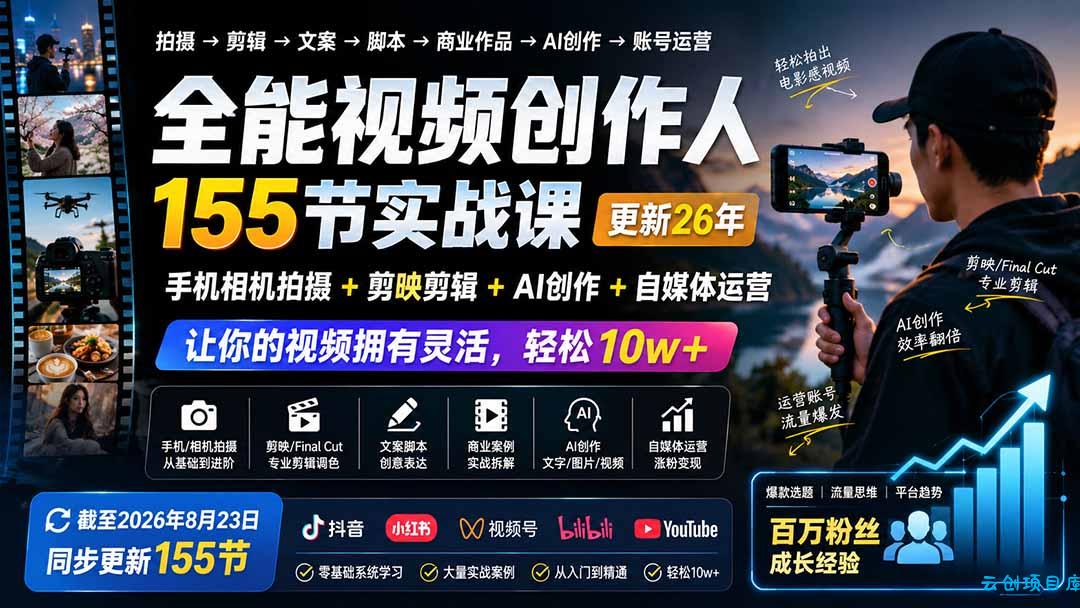 全能视频创作人155节实战课-更新26年8月:手机相机拍摄+剪映剪辑+AI创作+自媒体运营,让你的视频拥有灵活,轻松10w-云创项目库