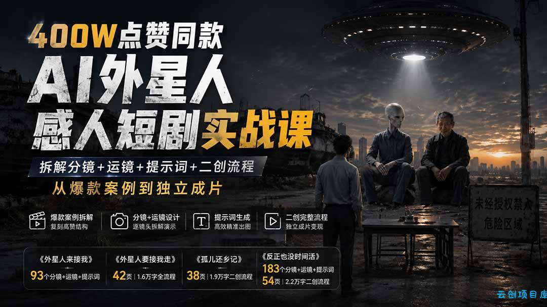 400W点赞同款AI外星人感人短剧实战课：拆解分镜+运镜+提示词+二创流程，从爆款案例到独立成片-云创项目库