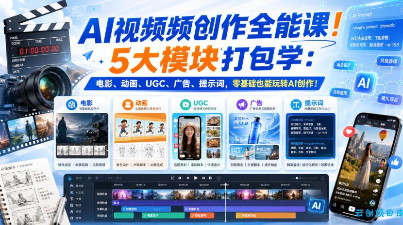 AI视频频创作全能课！5大模块打包学：电影、动画、UGC、广告、提示词，零基础也能玩转AI创作！【原创双语字幕】-云创项目库