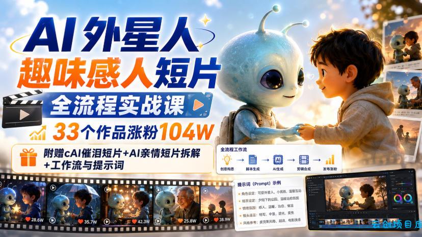 AI外星人趣味感人短片全流程实战课，33个作品涨粉104W，附赠AI催泪短片+AI亲情短片拆解+工作流与提示词-云创项目库