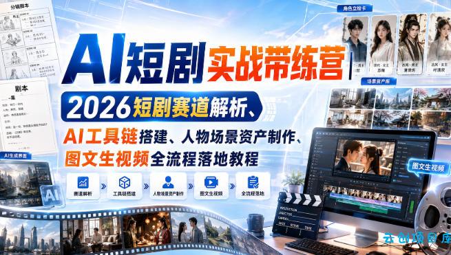 AI短剧实战带练营｜2026短剧赛道解析、AI工具链搭建、人物场景资产制作、图文生视频全流程落地教程-云创项目库