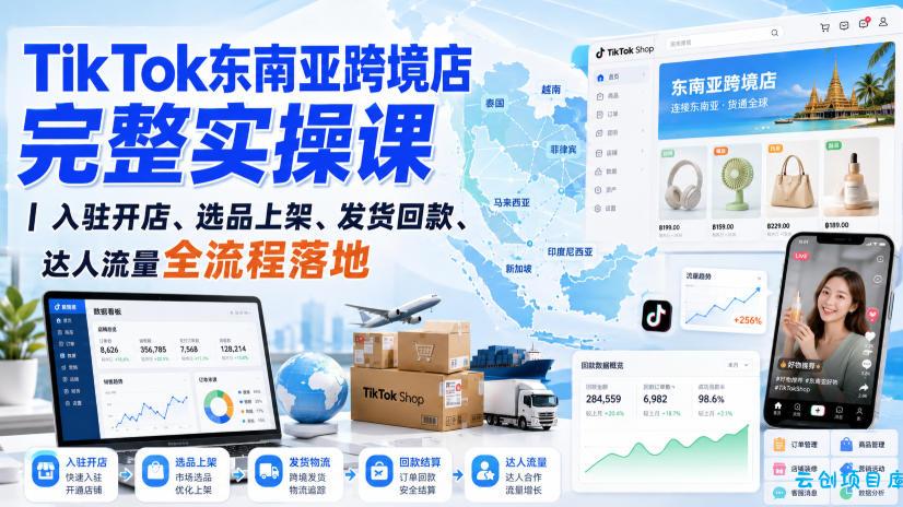 TikTok东南亚跨境店完整实操课｜入驻开店、选品上架、发货回款、达人流量全流程落地-云创项目库