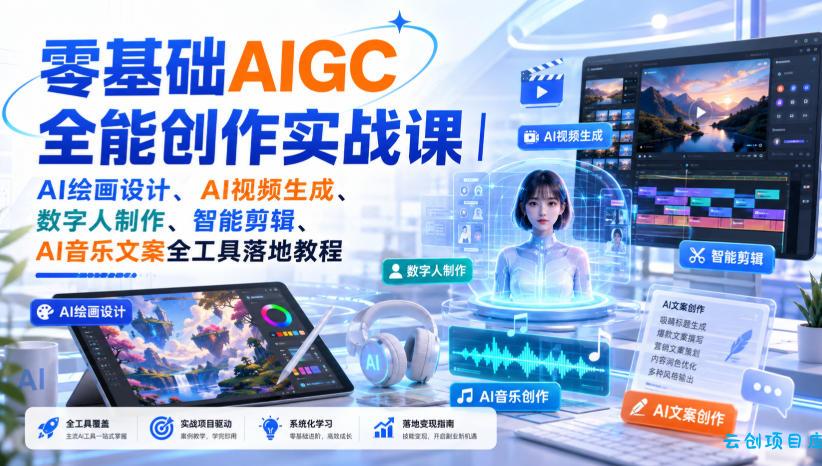 零基础AIGC全能创作实战课|AI绘画设计、AI视频生成、数字人制作、智能剪辑、AI音乐文案全工具落地教程