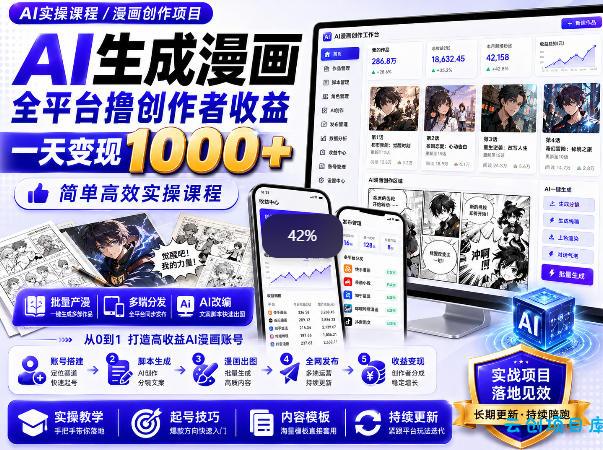 AI生成漫画全平台撸创作者收益内部课程,实操最高单日变现1k+