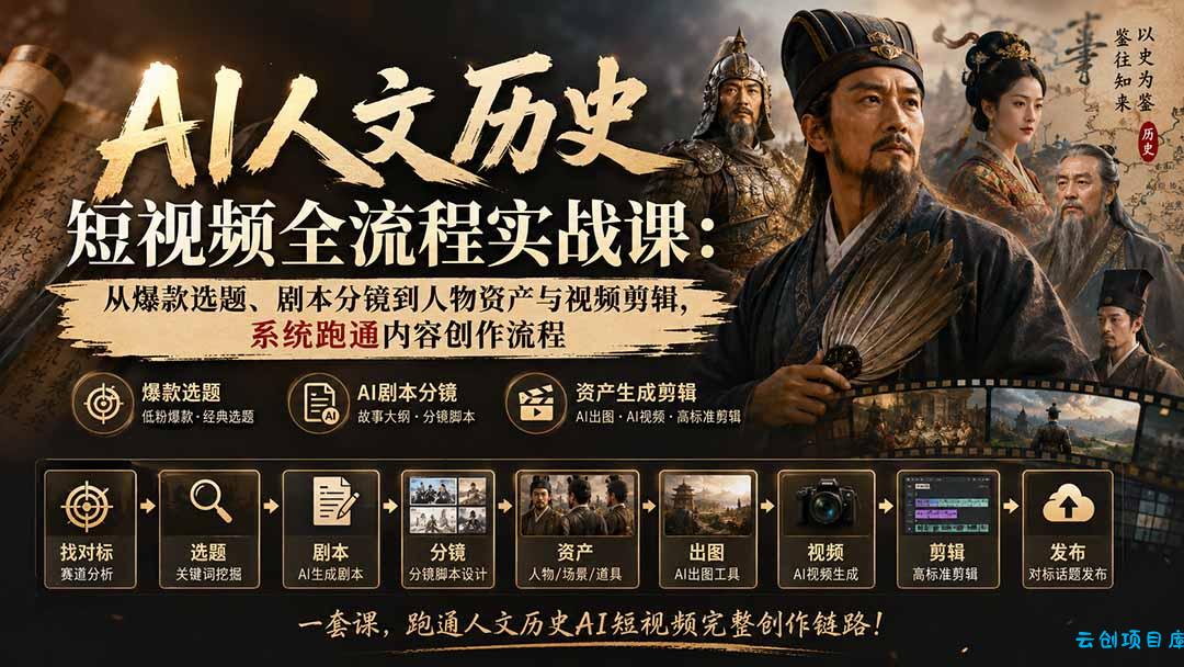 AI人文历史短视频全流程实战课：从爆款选题、剧本分镜到人物资产与视频剪辑，系统跑通内容创作流程-云创项目库