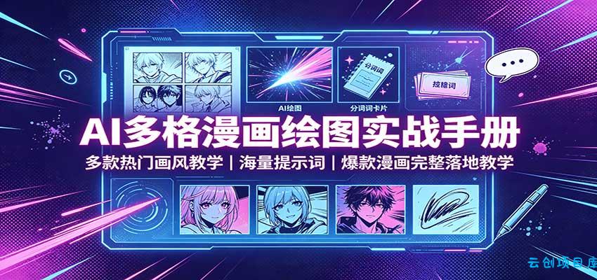 AI多格漫画绘图实战手册:多款热门画风教学,海量提示词,爆款漫画完整落地教学-云创项目库