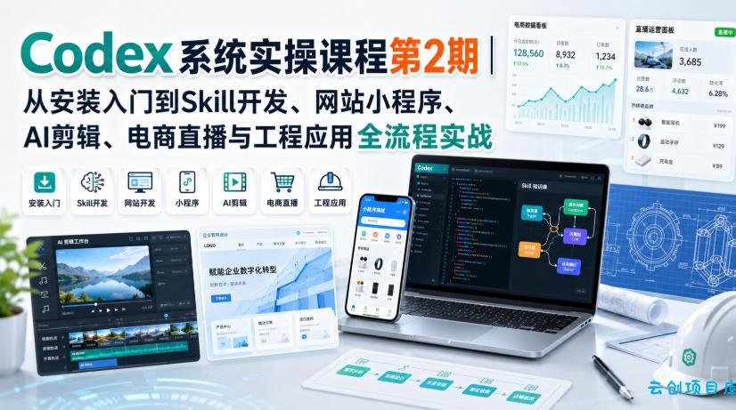 Codex系统实操课程第2期|从安装入门到Skill开发、网站小程序、AI剪辑、电商直播与工程应用全流程实战
