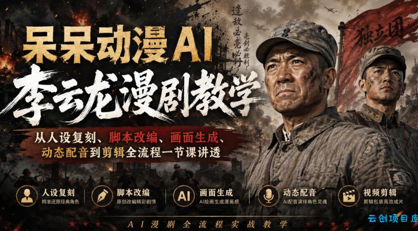 呆呆动漫AI李云龙漫剧教学,从人设复刻、脚本改编、画面生成、动态配音到剪辑全流程一节课讲透