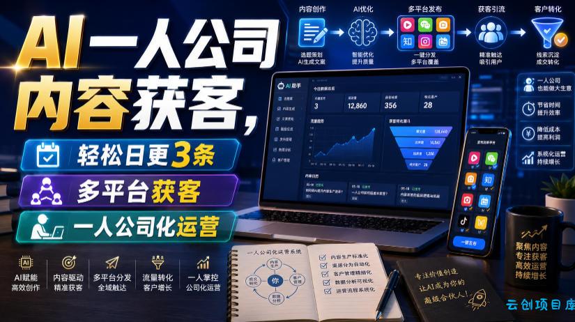 AI一人公司内容获客,轻松日更3条,多平台获客,一人公司化运营(更新0827)