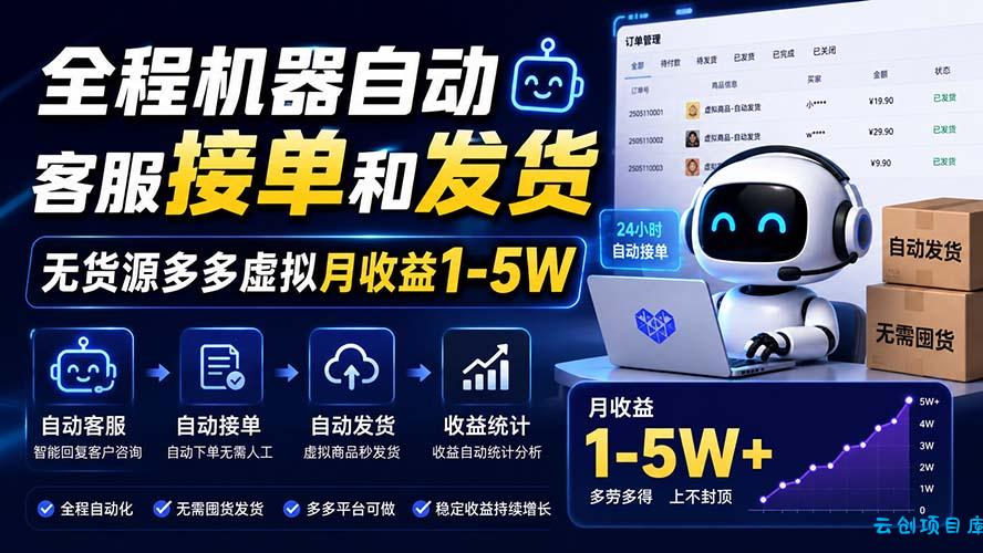 全程机器自动客服接单和发货，无货源多多虚拟月收益1-5W-云创项目库