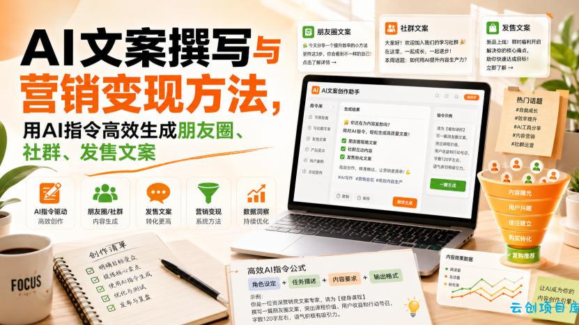 AI文案撰写与营销变现方法，用AI指令高效生成朋友圈、社群、发售文案-云创项目库