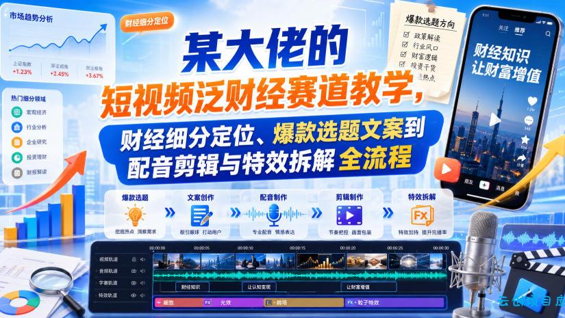 某大佬的短视频泛财经赛道教学，财经细分定位、爆款选题文案到配音剪辑与特效拆解全流程-云创项目库