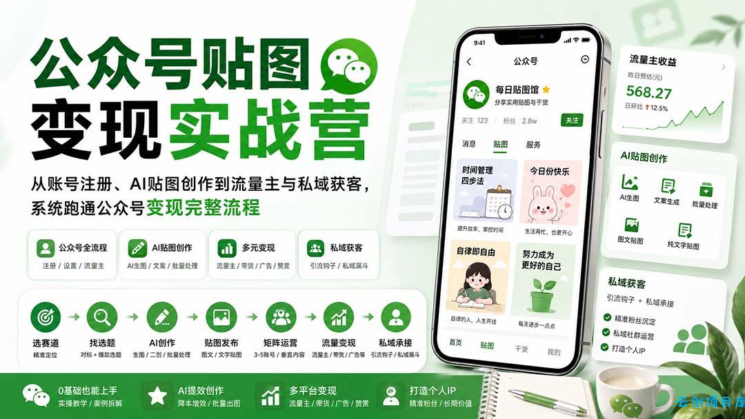 公众号贴图变现实战营：从账号注册、AI贴图创作到流量主与私域获客，系统跑通公众号变现完整流程-云创项目库