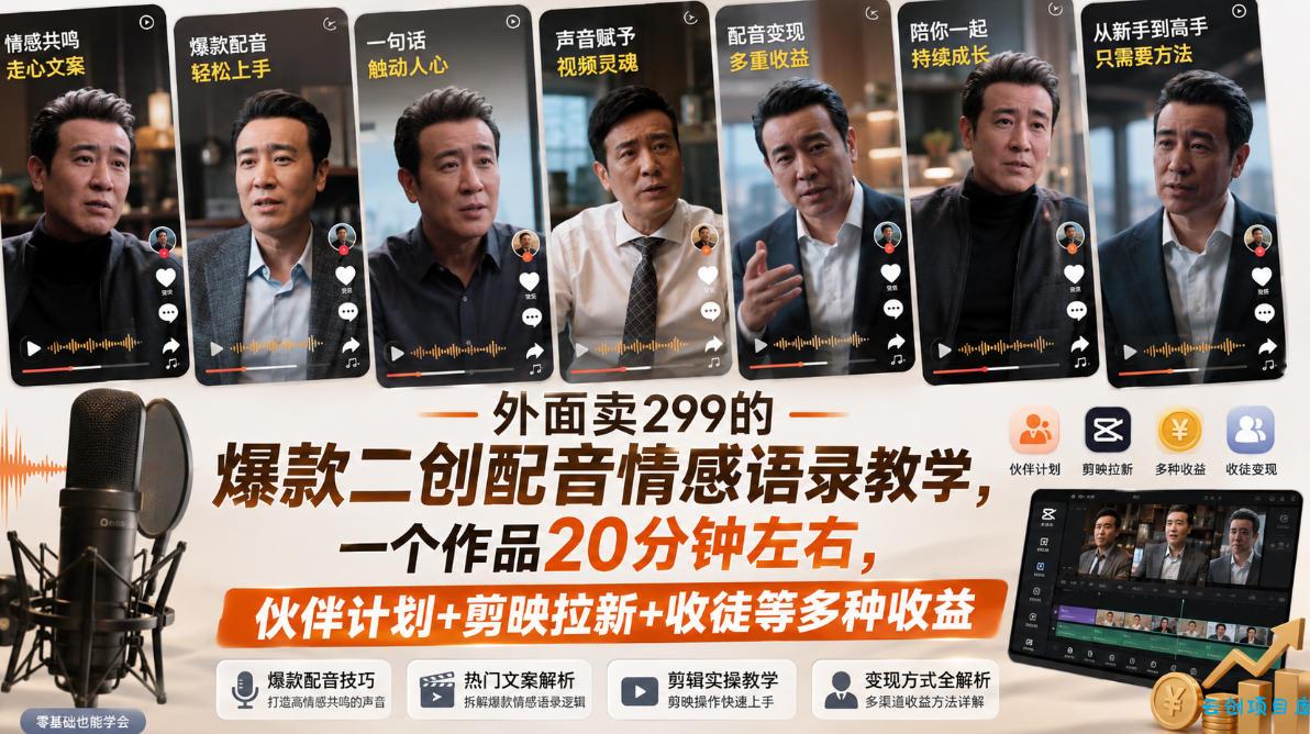 外面卖299的爆款二创配音情感语录教学，一个作品20分钟左右，伙伴计划+剪映拉新+收徒等多种收益-云创项目库