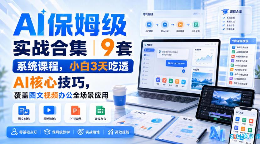 AI保姆级实战合集｜9套系统课程，小白3天吃透AI核心技巧，覆盖图文视频办公全场景应用-云创项目库