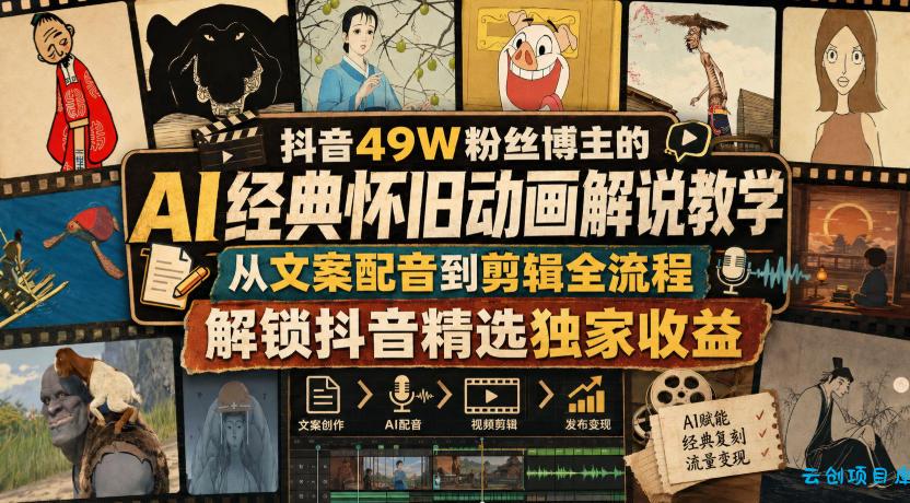 抖音49W粉丝博主的AI经典怀旧动画解说教学，从文案配音到剪辑全流程，解锁抖音精选独家收益-云创项目库