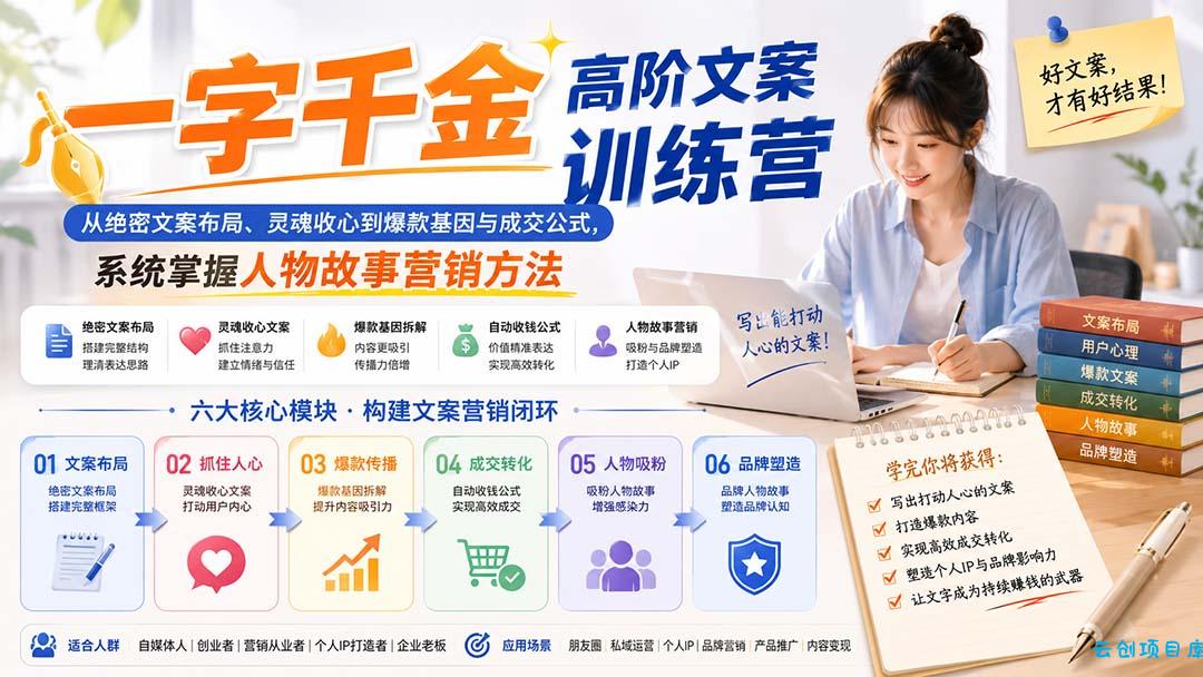 一字千金高阶文案训练营：从绝密文案布局、灵魂收心到爆款基因与成交公式，系统掌握人物故事营销方法-云创项目库