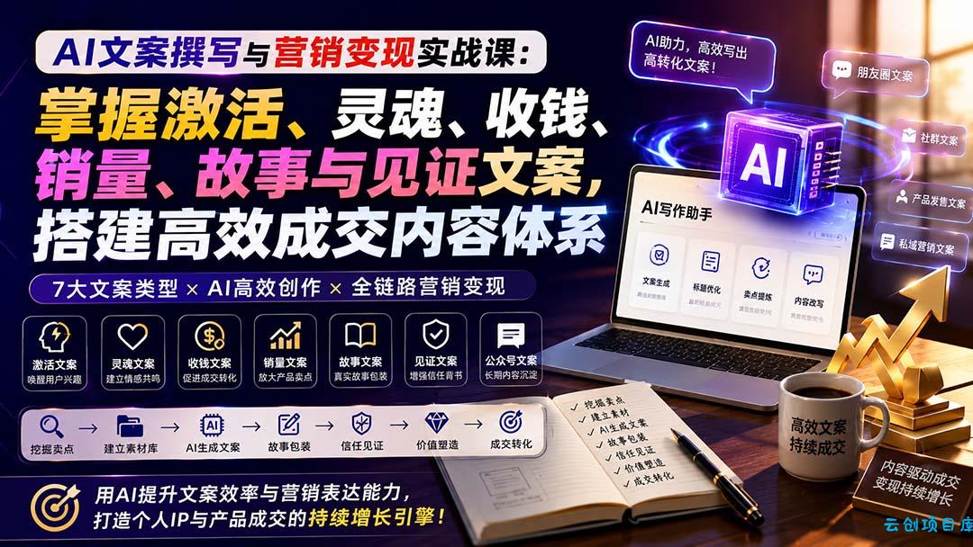 AI文案撰写与营销变现实战课：掌握激活、灵魂、收钱、销量、故事与见证文案，搭建高效成交内容体系-云创项目库