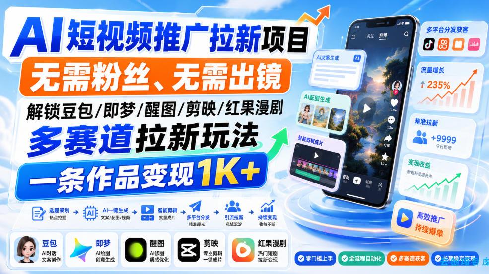AI短视频推广拉新项目，无需粉丝、无需出镜，解锁豆包/即梦/醒图/剪映/红果漫剧多赛道拉新玩法，一条作品变现1K+-云创项目库