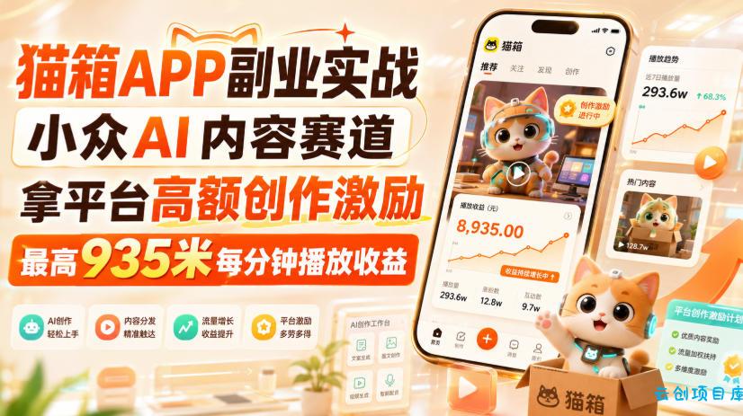 猫箱APP副业实战，小众AI内容赛道，拿平台高额创作激励，最高935米每分钟播放收益-云创项目库