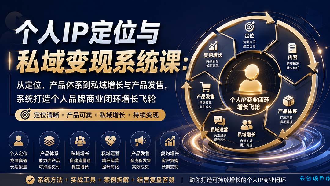 个人IP定位与私域变现系统课:从定位、产品体系到私域增长与产品发售,系统打造个人品牌商业闭环增长飞轮-云创项目库