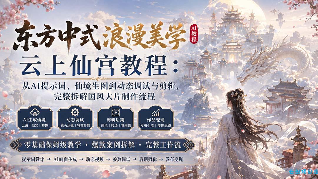 东方中式浪漫美学云上仙宫教程：从AI提示词、仙境生图到动态调试与剪辑，完整拆解国风大片制作流程-云创项目库