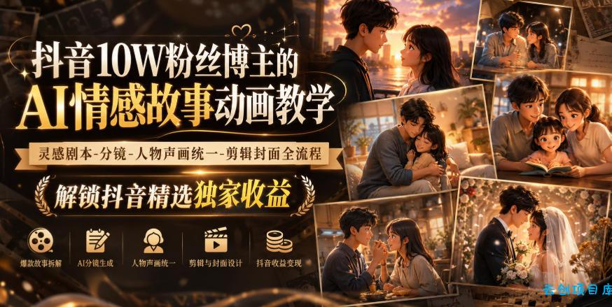 抖音10W粉丝博主的AI情感故事动画教学，灵感剧本‑分镜‑人物声画统一‑剪辑封面全流程，解锁抖音精选独家收益-云创项目库