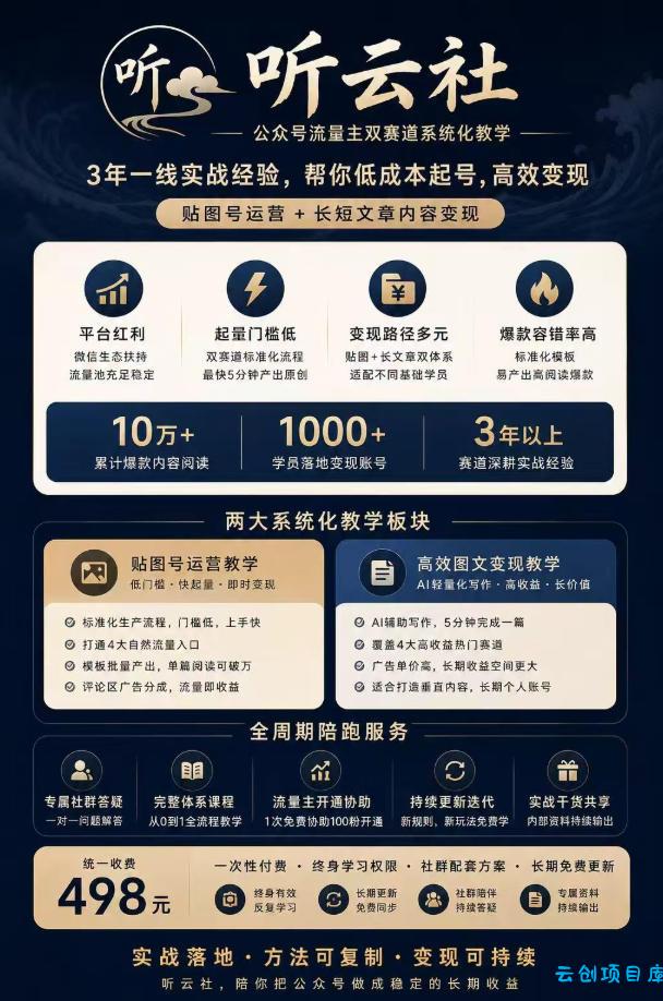 听云社公众号流量主双赛道系统化教学,3年一线实战经验,帮你低成本起号,高效变现,贴图号运营+长短文章内容变现