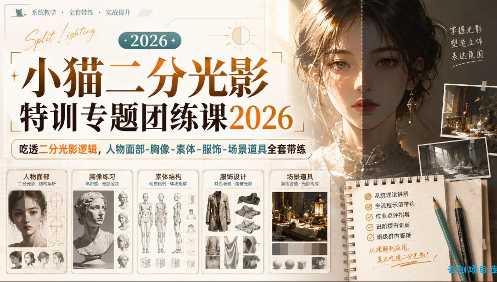 小猫二分光影特训专题团练课2026|吃透二分光影逻辑,人物面部‑胸像‑素体‑服饰‑场景道具全套带练,高清画质附赠课件与笔刷