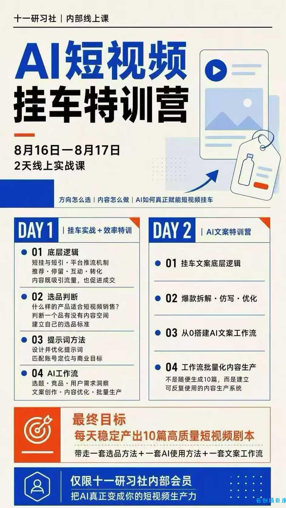 某社群8月16-17号线上课,AI短视频挂车特训营+AI文案特训,把AI真正变成你的短视频生产力