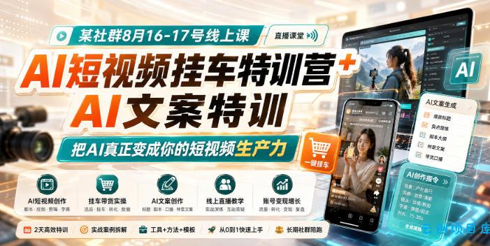 某社群8月16-17号线上课,AI短视频挂车特训营+AI文案特训,把AI真正变成你的短视频生产力