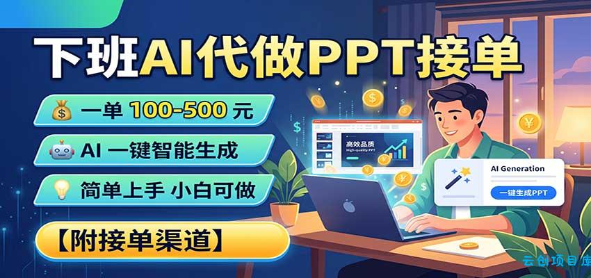 下班AI代做PPT接单，一单100-500，AI一键生成，小白也能做，附接单渠道-云创项目库
