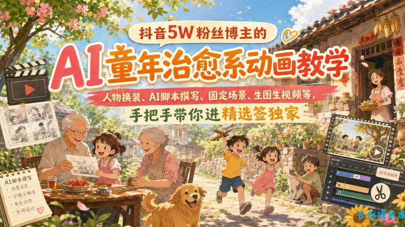 抖音5W粉丝博主的AI童年治愈系动画教学,人物换装、AI脚本撰写、固定场景、生图生视频等,手把手带你进精选签独家