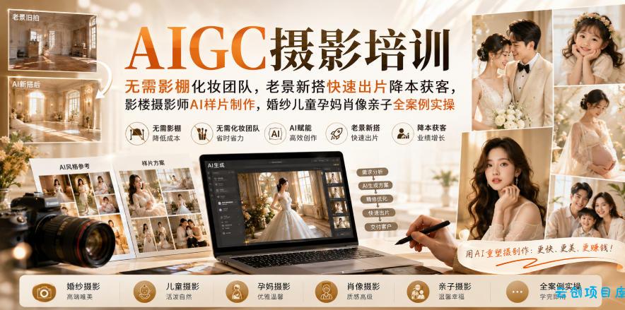 AIGC摄影培训|无需影棚化妆团队,老景新搭快速出片降本获客,影楼摄影师AI样片制作,婚纱儿童孕妈肖像亲子全案例实操