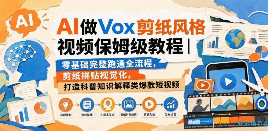 AI做Vox剪纸风格视频保姆级教程|零基础完整跑通全流程,剪纸拼贴视觉化,打造科普知识解释类爆款短视频