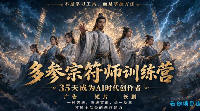多参宗符师训练营,35天成为AI时代创作者,广告|短片|长剧,一种方法,三段实训,举一反三,打通全品类的创作能力